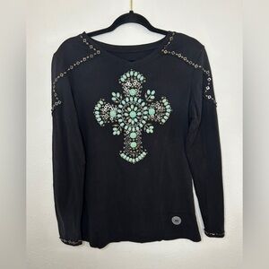 Double D DD Ranch Black Long Sleeve Knit Blouse Turquoise Cross Size Medium